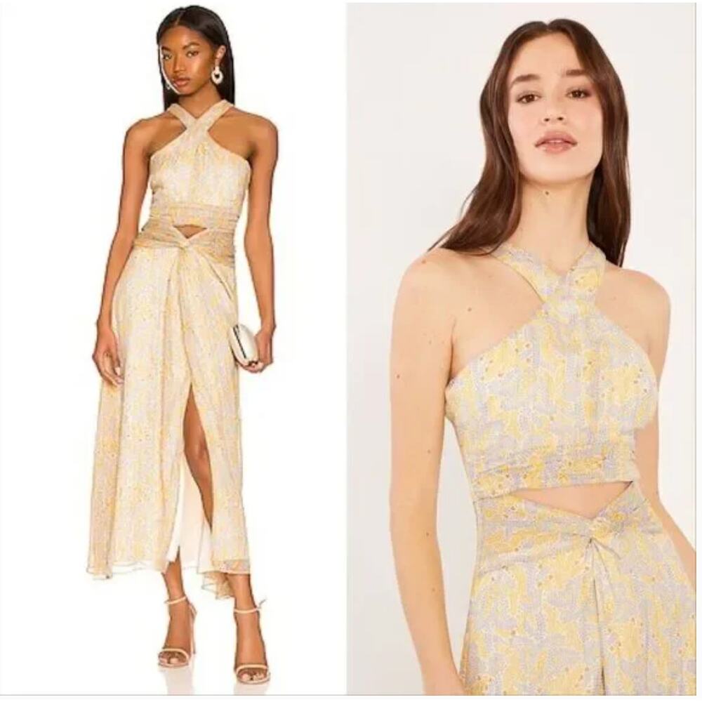 Likely Lucy Dress Yellow Blue Floral Cutout Halter Midi Size 10